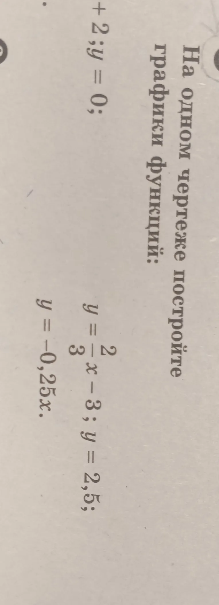 На одном чертеже построй графики функций: y = 2/3 * x - 3; y = 2,5; y = -0,25x; y + 2 = 0
