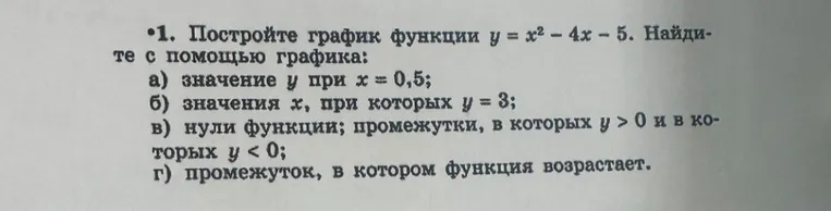 Построй график функции y = x² - 4x- 5 и найди с помощью графика значения.