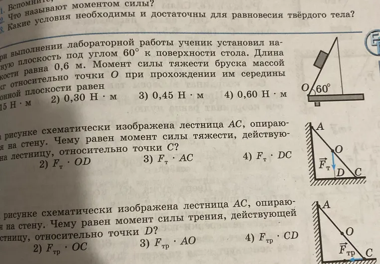 Реши задачи про момент силы тяжести бруска и лестницы.