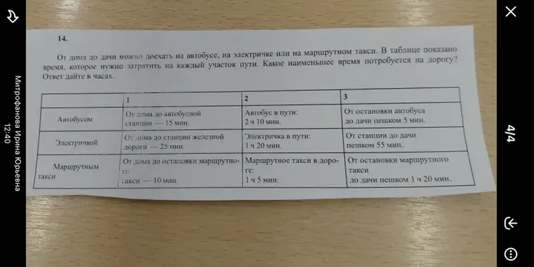 От дома до дачи можно доехать на автобусе, на электричке или на маршрутном такси. В таблице показано время, которое нужно затратить на каждый участок пути. Какое наименьшее время потребуется на дорогу? Ответ дай в часах.