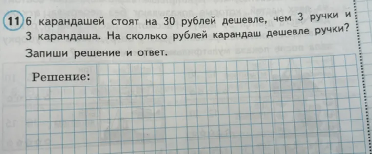 Реши задачу: 6 карандашей стоят на 30 рублей дешевле, чем 3 ручки и 3 карандаша. На сколько рублей карандаш дешевле ручки? Запиши решение и ответ.