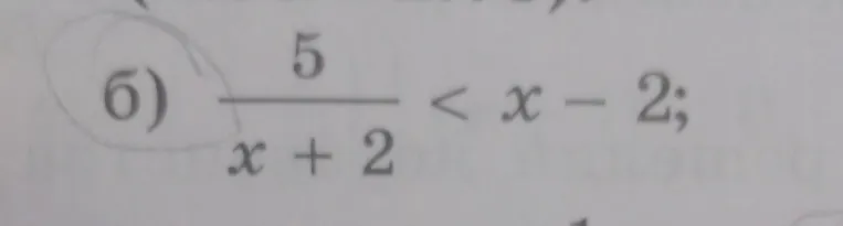 Реши неравенство $\frac{5}{x+2} < x-2$