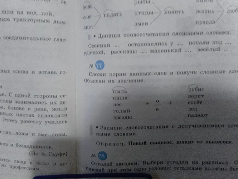 Сложи корни данных слов и получи сложные слова. Объясни их значение: пыль, каша, лес, голый, звёзды, рубит, варит, сосёт, лёд, падают.