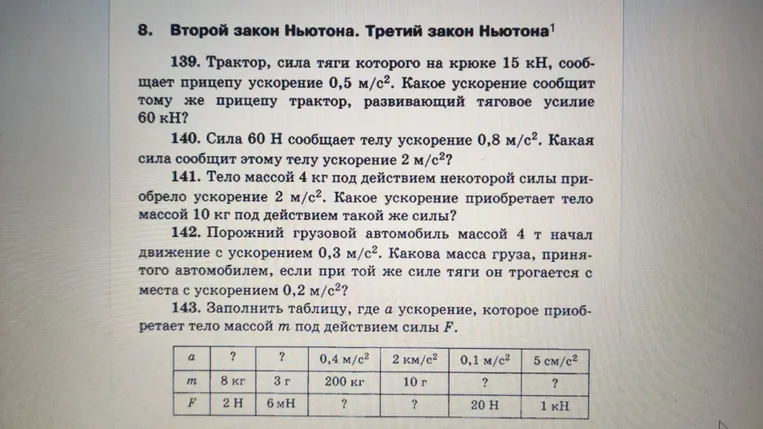 Реши задачи 139-143: 139. Трактор, сила тяги которого на крюке 15 кН, сообщает прицепу ускорение 0,5 м/с². Какое ускорение сообщит тому же прицепу трактор, развивающий тяговое усилие 60 кН?