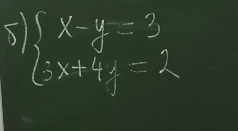 Реши систему уравнений:
$$ \begin{cases} x - y = 3 \\ 3x + 4y = 2 \end{cases} $$
