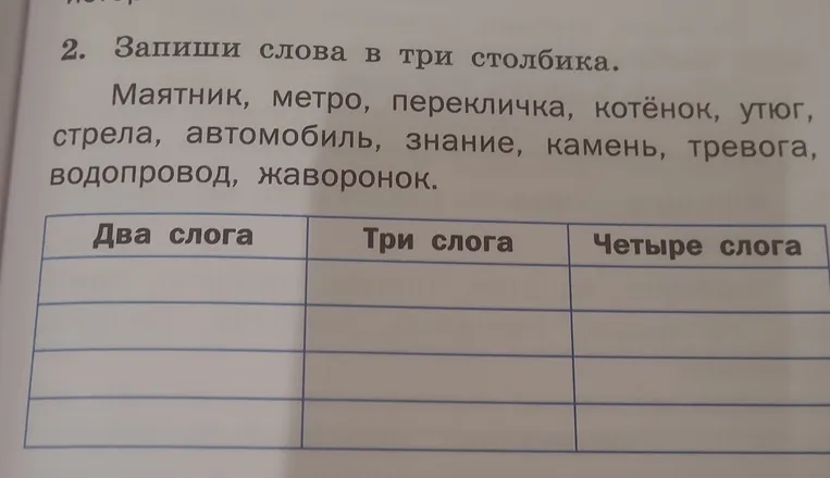 Запиши слова в три столбика: два слога, три слога, четыре слога.