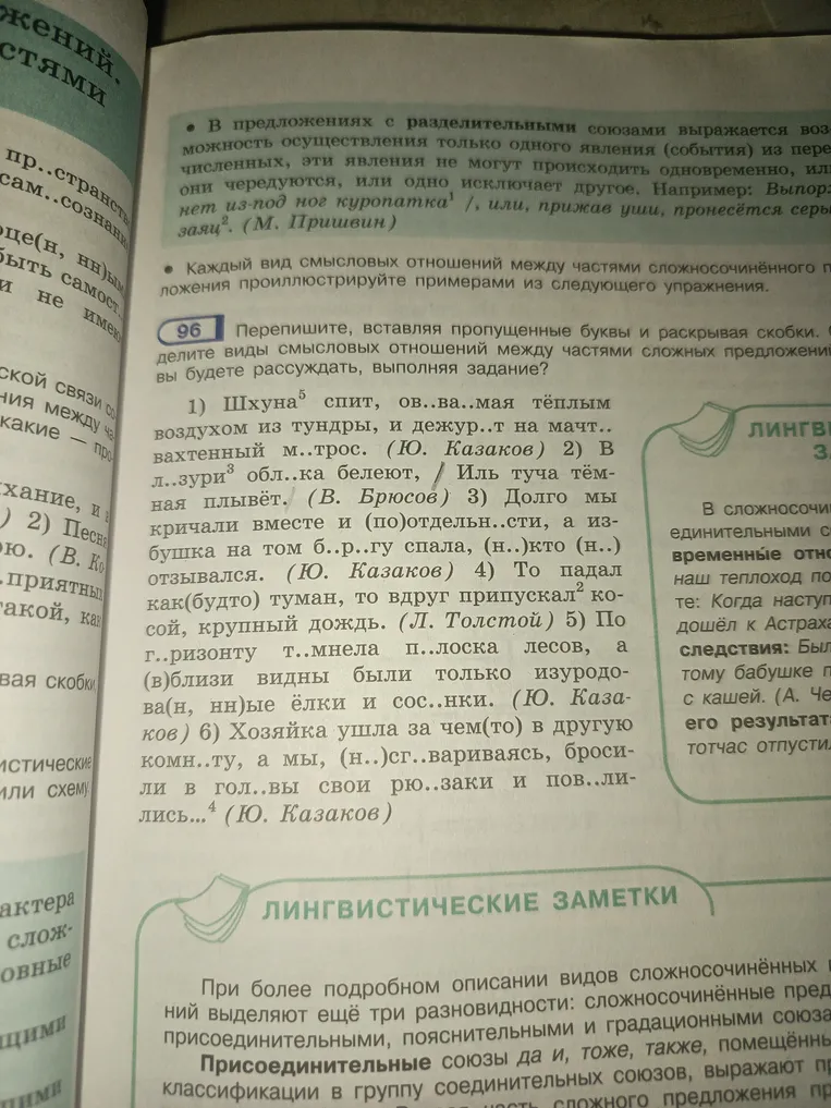 Перепиши, вставляя пропущенные буквы и раскрывая скобки. Определи виды смысловых отношений между частями сложных предложений. Как вы будете рассуждать, выполняя задание?