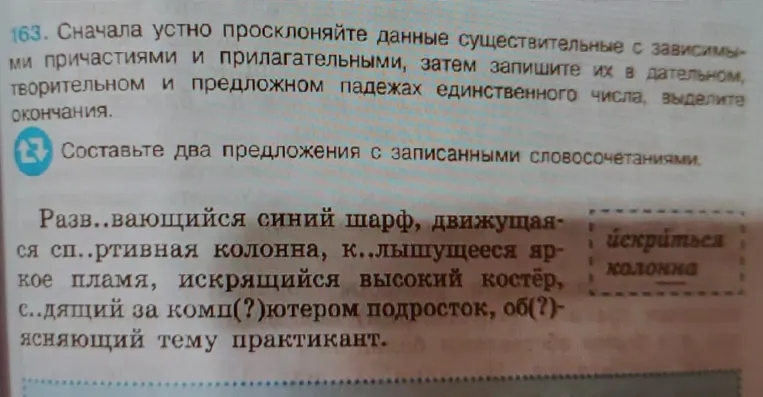 Просклоняй данные существительные с зависимыми причастиями и прилагательными, затем запиши их в дательном, творительном и предложном падежах единственного числа, выдели окончания. Составь два предложения с записанными словосочетаниями.