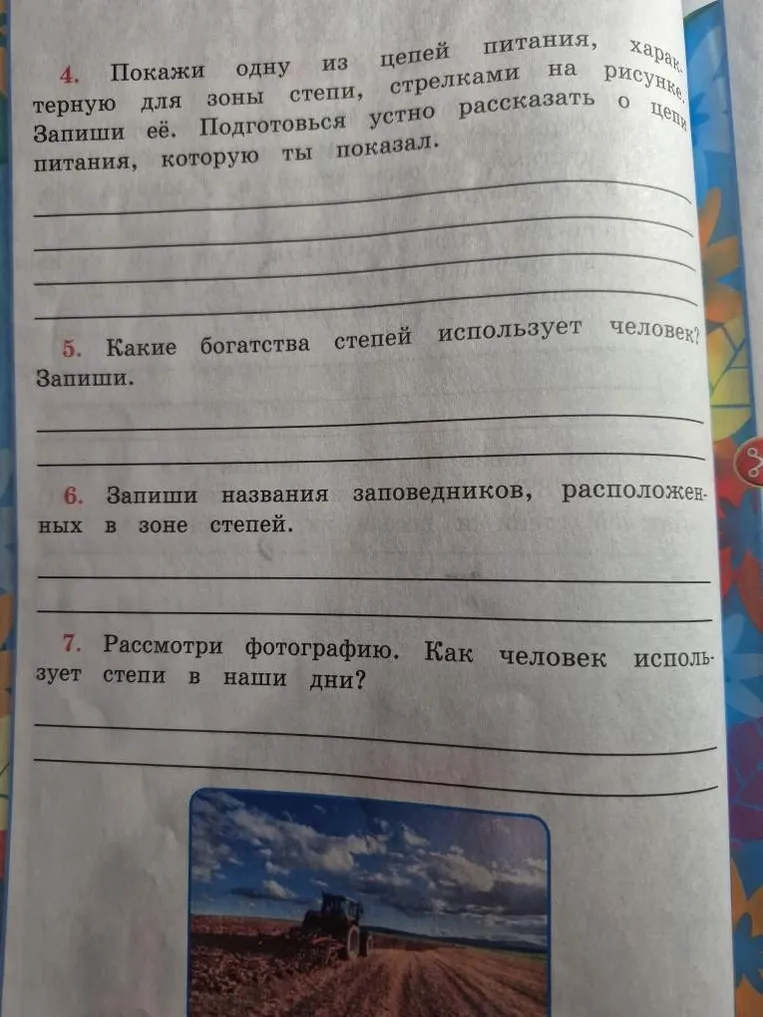 Покажи одну из цепей питания, характерную для зоны степи, стрелками на рисунке. Запиши её. Подготовься устно рассказать о цепи питания, которую ты показал.