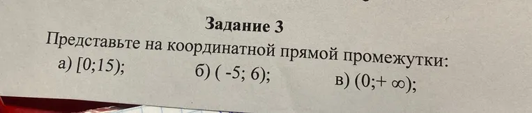 Представь на координатной прямой промежутки: а) $[0;15)$; б) $(-5;6)$; в) $(0;+\infty)$