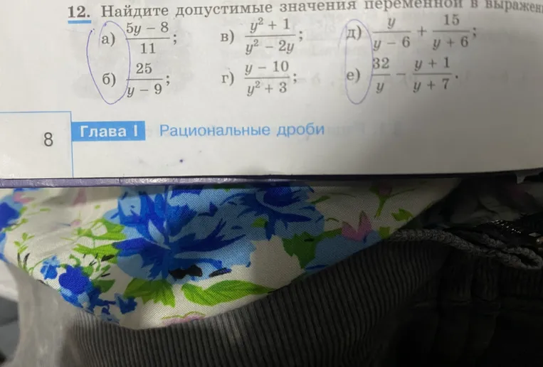 Найди допустимые значения переменной в выражении: а) $\frac{5y - 8}{11}$