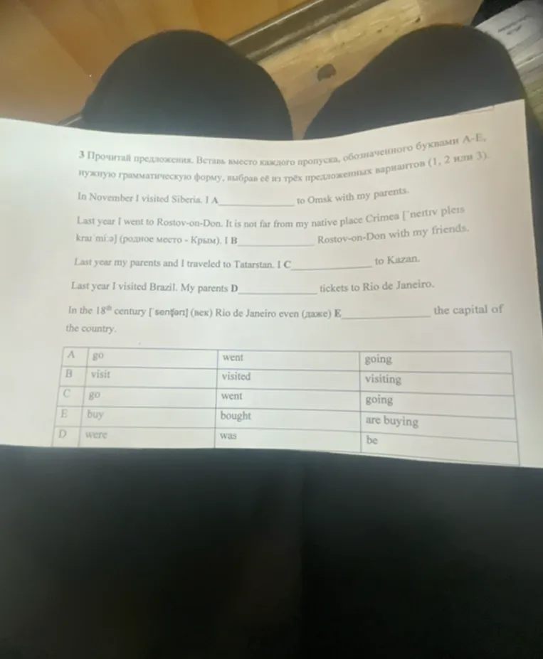 Прочитай предложения и вставь вместо каждого пропуска, обозначенного буквами А-Е, нужную грамматическую форму, выбрав её из трёх предложенных вариантов.