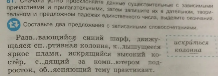 Просклоняй данные существительные с зависимыми причастиями и прилагательными устно, затем запиши их в дательном, творительном и предложном падежах единственного числа, выдели окончания. Составь два предложения с записанными словосочетаниями.