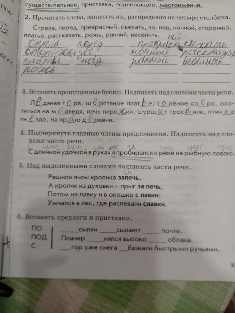 Прочитай слова, запиши их, распределив на четыре столбика: существительное, приставка, подлежащее, местоимение.