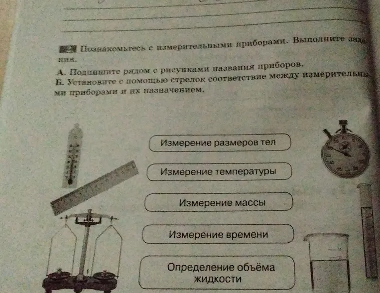Познакомься с измерительными приборами. Подпиши рядом с рисунками названия приборов.