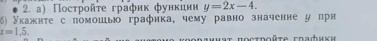 Постройте график функции y=2x-4. Укажите с помощью графика, чему равно значение y при x=1,5.
