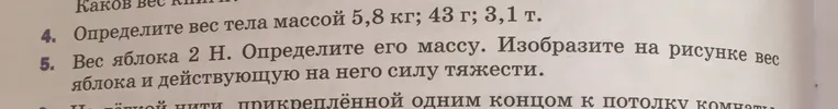 Определи вес тела массой 5,8 кг; 43 г; 3,1 т. Вес яблока 2 Н. Определи его массу. Изобрази на рисунке вес яблока и действующую на него силу тяжести.