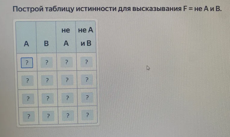 Построй таблицу истинности для высказывания F = не А и В.
