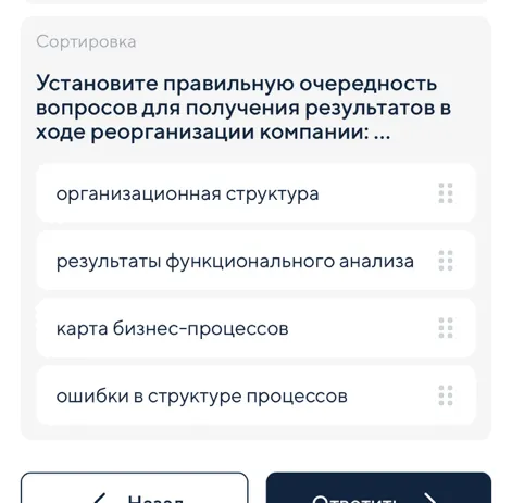 Установи правильную очередность вопросов для получения результатов в ходе реорганизации компании.