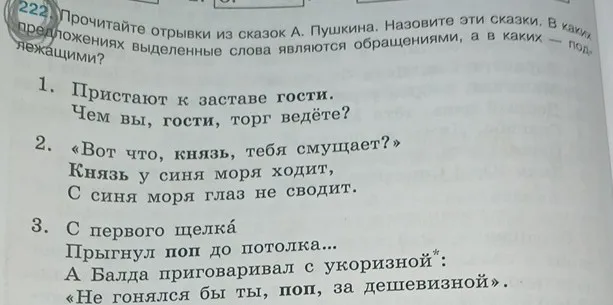 Прочитай отрывки из сказок А. Пушкина. Назови эти сказки. В каких 
предложениях выделенные слова являются обращениями, а в каких — 
подлежащими?