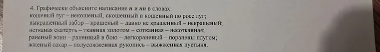 Графически объясните написание Н и НН в словах: кошеный луг – некошеный, скошенный и кошенный по росе луг