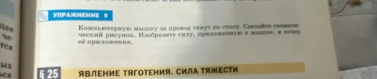 Компьютерную мышку за провод тянут по столу. Сделайте схематический рисунок. Изобразите силу, приложенную к мышке, и точку её приложения.