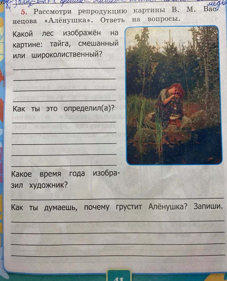 Рассмотри репродукцию картины В. М. Васнецова «Алёнушка». Ответь на вопросы. Какой лес изображён на картине: тайга, смешанный или широколиственный?