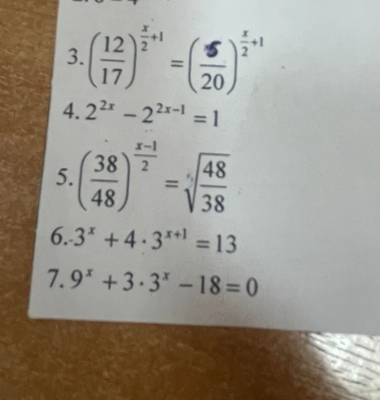 Решите уравнение 3. (12/17)^(x/2 + 1) = (5/20)^(x/2 + 1)