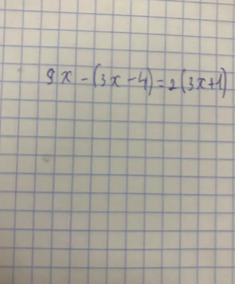 Решите уравнение 9x - (3x - 4) = 2(3x + 1)