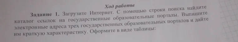 Загрузите Интернет. С помощью строки поиска найдите каталог ссылок на государственные образовательные порталы. Выпишите электронные адреса трех государственных образовательных порталов и дайте им краткую характеристику. Оформите в виде таблицы