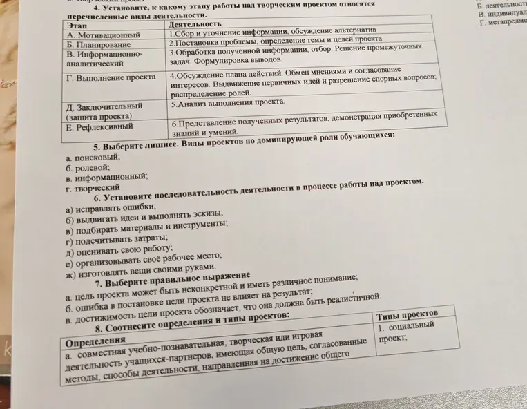 Установите, к какому этапу работы над творческим проектом относятся перечисленные виды деятельности