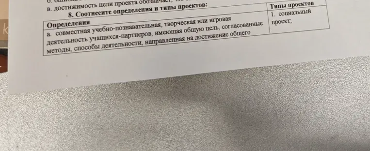 Соотнесите определения и типы проектов: а. совместная учебно-познавательная, творческая или игровая деятельность учащихся-партнеров, имеющая общую цель, согласованные методы, способы деятельности, направленная на достижение общего