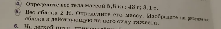 Определите вес тела массой 5,8 кг; 43 г; 3,1 т.