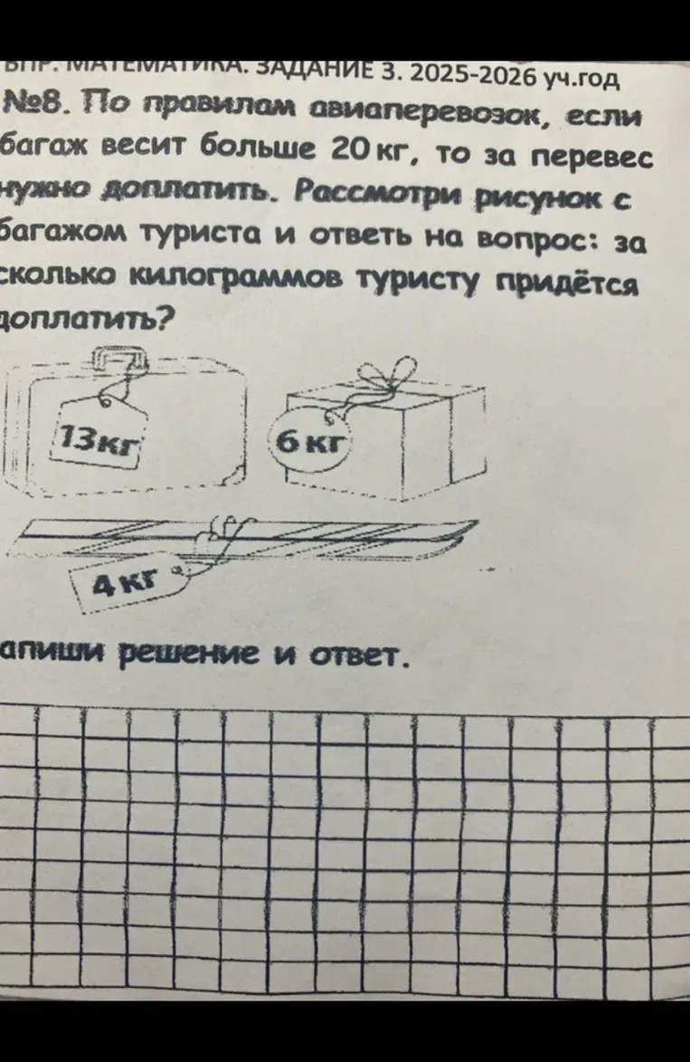 По правилам авиаперевозок, если багаж весит больше 20 кг, то за перевес нужно доплатить. Рассмотри рисунок с багажом туриста и ответь на вопрос: за сколько килограммов туристу придётся доплатить? Запиши решение и ответ.