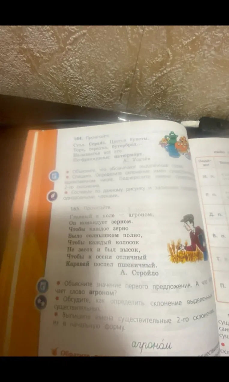 Прочитайте. Объясните значение первого предложения. А что означает слово агроном? Обсудите, как определить склонение выделенных существительных. Выпишите имена существительные 2-го склонения, поставив их в начальную форму.