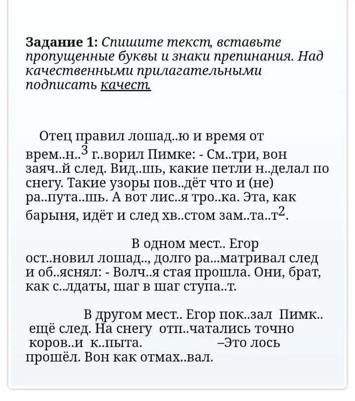 Спишите текст, вставьте пропущенные буквы и знаки препинания. Над качественными прилагательными подписать _качест_.