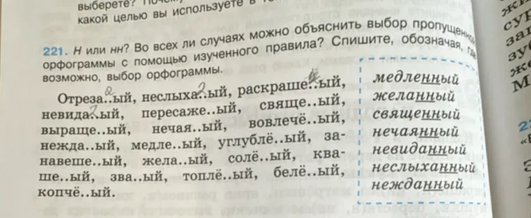 221. Н или нн? Во всех ли случаях можно объяснить выбор пропущенной орфограммы с помощью изученного правила? Спишите, обозначая, где возможно, выбор орфограммы.