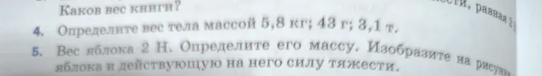 Определите вес тела массой 5,8 кг; 43 г; 3,1 т.