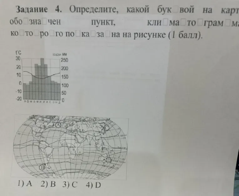 Определите, какой буквой на карте обозначен пункт, которому соответствует климатограмма.