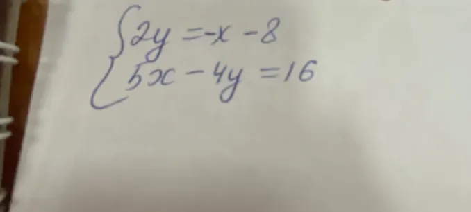 Реши систему уравнений методом подстановки: 2y = -x - 8 и 5x - 4y = 16