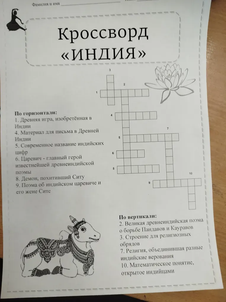 Разгадай кроссворд «ИНДИЯ» по горизонтали и вертикали, начиная с пункта 1: Древняя игра, изобретённая в Индии.