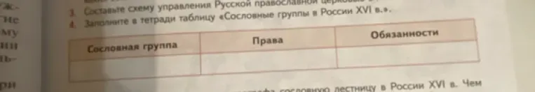 Заполните в тетради таблицу «Сословные группы в России XVI в.»