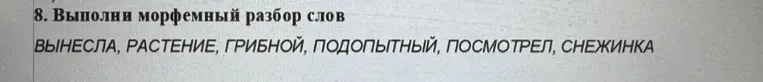 Выполни морфемный разбор слов: ВЫНЕСЛА, РАСТЕНИЕ, ГРИБНОЙ, ПОДОПЫТНЫЙ, ПОСМОТРЕЛ, СНЕЖИНКА