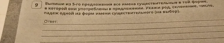 Выпиши из 5-го предложения все имена существительные в той форме, в которой они употреблены в предложении. Укажи род, склонение, число, падеж одной из форм имени существительного (на выбор).