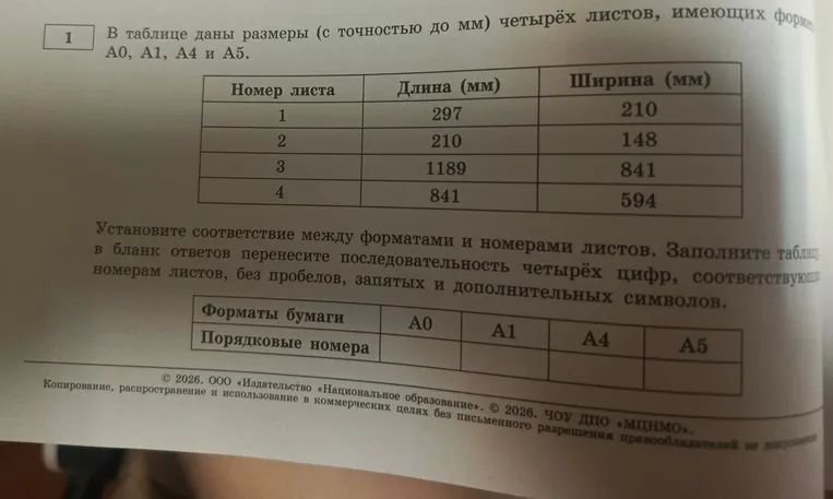 Установите соответствие между форматами и номерами листов. Заполните таблицу в бланк ответов перенесите последовательность четырёх цифр, соответствующих номерам листов, без пробелов, запятых и дополнительных символов.