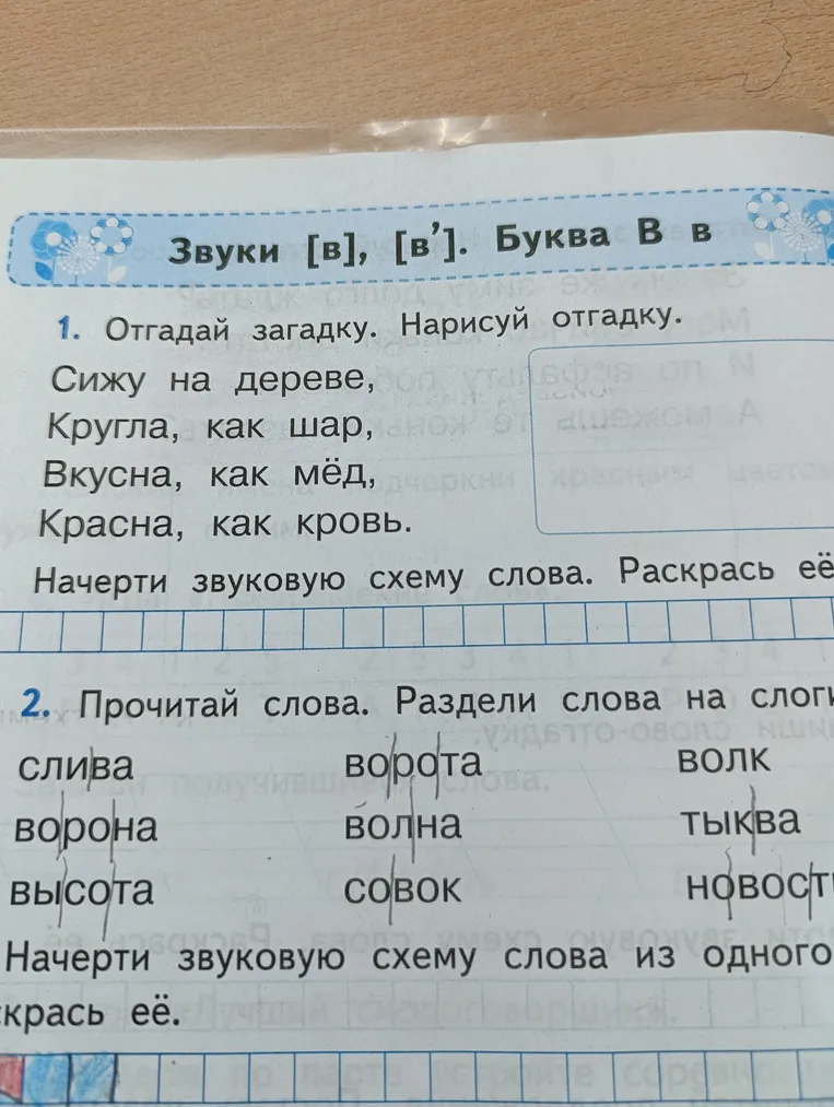 Отгадай загадку. Нарисуй отгадку. Сижу на дереве, Кругла, как шар, Вкусна, как мёд, Красна, как кровь. Начерти звуковую схему слова. Раскрась её.