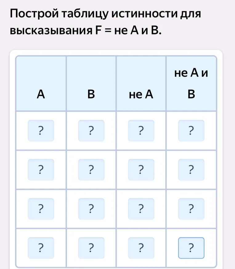 Построить таблицу истинности для высказывания F = не А и В