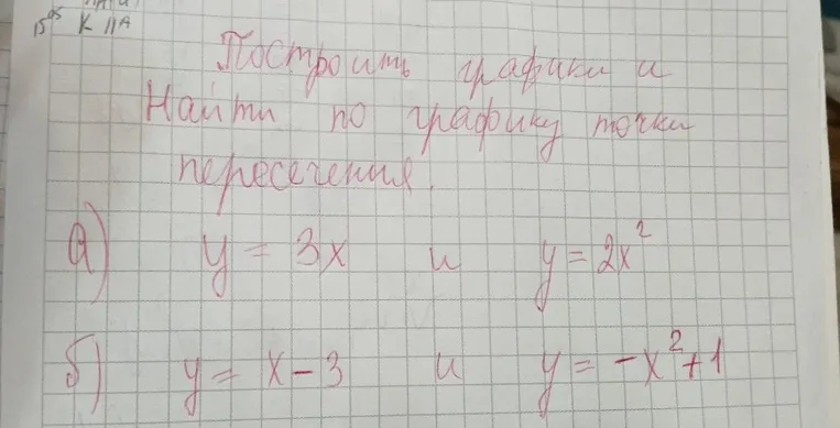 Построить графики и найти по графику точки пересечения для функций $y = 3x$ и $y = 2x^2$