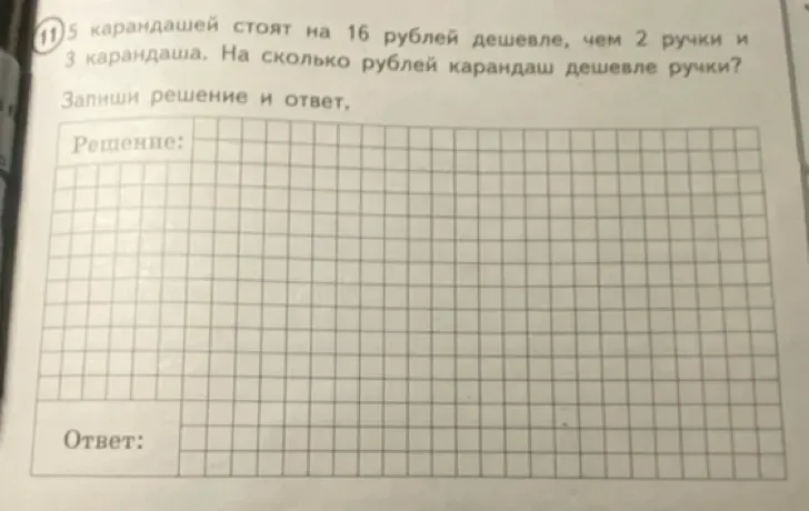 11. 5 карандашей стоят на 16 рублей дешевле, чем 2 ручки и 3 карандаша. На сколько рублей карандаш дешевле ручки? Запиши решение и ответ.