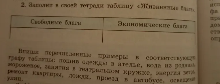Заполни таблицу «Жизненные блага»